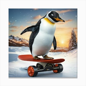 Realistic Penguin Ride On Snowboard Slide On Rail (1) Canvas Print