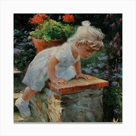 Little Girl Climbing A Wall Canvas Print