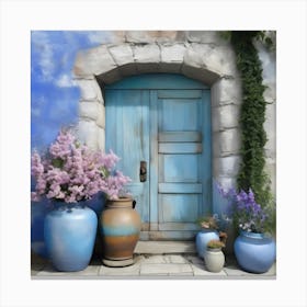 Blue wall. An old-style door in the middle, silver in color. There is a large pottery jar next to the door. There are flowers in the jar Spring oil colors. Wall painting.8 Canvas Print