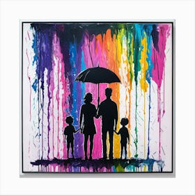 Family Silhouettes Under Black Umbrella Amidst Vibrant Colors Stampe su tela