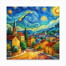 A painting in the style of Van Gogh's "Starry Night" depicting a small village. Canvas Print