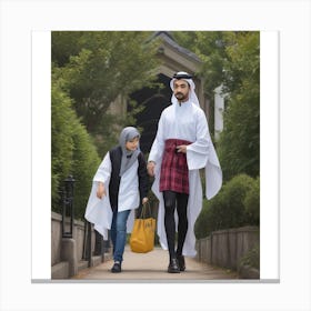 (5)The image depicts a man and a young girl walking together on a pathway, with a tall building in the background. The man is dressed in a white shirt and black pants, while the girl is wearing a red and black plaid skirt and a white shirt. They are both holding bags, with the man carrying a yellow handbag and the girl carrying a black handbag. Canvas Print