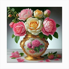 Roses In Antique fuchsia jar Canvas Print