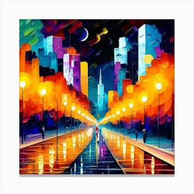 A visually stunning and abstract art print portraying the vibrant energy of a bustling cityscape at night. This contemporary and dynamic art print is perfect for urban enthusiasts and modern decor, adding a touch of metropolitan sophistication to any living space Canvas Print