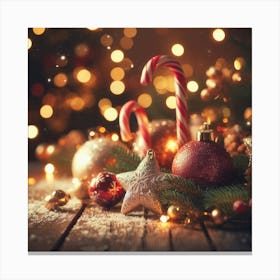 Christmas Decorations On A Wooden Table Canvas Print