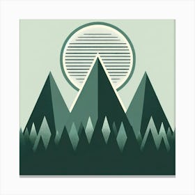 Title: "Mint Moonrise: A Study in Geometric Serenity"  Description: "Mint Moonrise: A Study in Geometric Serenity" is an evocative piece that explores the quietude of a moonrise over a minimalist mountain landscape. The artwork features a series of deep green, faceted peaks that rise sharply against a soft mint sky. Above the mountains, a textured moon adorned with horizontal stripes radiates a cool light, its linear design creating a contrast with the organic shapes below. The foreground's simplified forest adds a layer of complexity, with each tree mirroring the mountain's geometry. This composition's soothing palette and clean lines invite contemplation, making it a perfect addition to any space seeking a blend of modern design and natural tranquility. Canvas Print