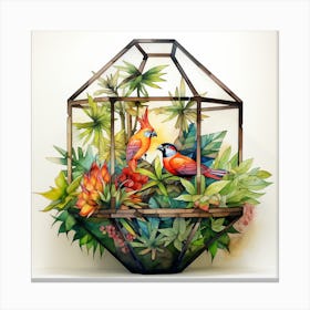 Tropical Birds and Flowers In A Glass Cage Canvas Print