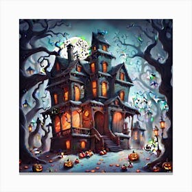 The Image Depicts A Scene Filled With The Ambiance Of Halloween Showcasing Winter Trees Adorned Wit Canvas Print