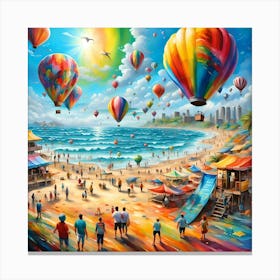 Hot Air Balloons Among Beachgoers Enjoying The Sea Canvas Print