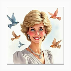 Smiling Princess Diana With Watercolor Birds Flying In The Background Canvas Print