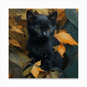 Black Kitten In Autumn Leaves 4 Canvas Print
