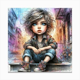 Little Boy Sitting On Steps 2 Canvas Print