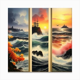 hree different vertical panels, ocean sea ⛵ ships 7 Canvas Print