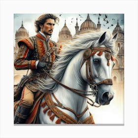 Medival Portugese Gentleman On A Horse Color Drawing 1 Canvas Print