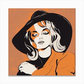 A Silhouette Of A Woman Wearing A Black Hat And Laying On Her Back On A Orange Screen, In The Style (6) Canvas Print