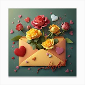 An open red and yellow letter envelope with flowers inside and little hearts outside Canvas Print
