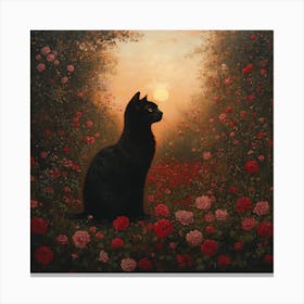 Black Cat in a Floral Sunset Garden 10 Canvas Print