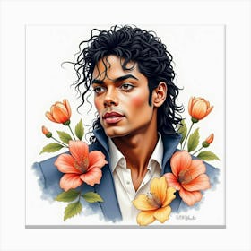 Watercolor Portrait Of Michael Jackson With Blooming Flowers 1 Canvas Print