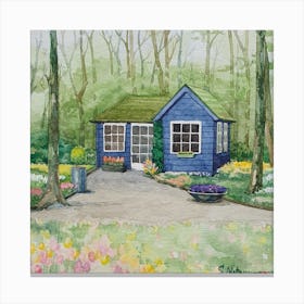 Watercolor Landscape House In Tulips Square Canvas Print