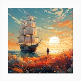 Sailing Ship At Sunset Canvas Print