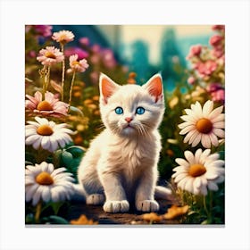 White Kitten In The Garden Canvas Print