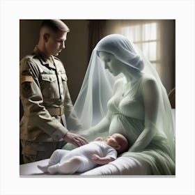 Young solider and his new born baby mourning his wife Canvas Print