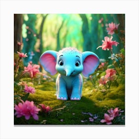 Firefly 3d, Animated, Cute, Little, Round, Turquoise, Elephant, Baby, Forest, Pink Flowers, Whimsica (3) Canvas Print