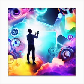Man Standing In Front Of Colorful Cloud Future Of Mobile Applications Development In Colorful Dreaming Life Canvas Print