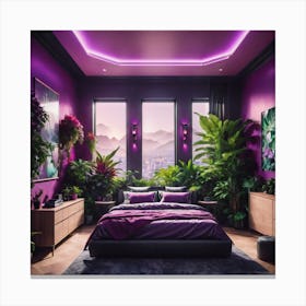 Hotel room with a futuristic view and vibrant colours  Canvas Print