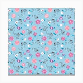 Bees And Flowers Pink And Blue Floral Wallpaper Canvas Print