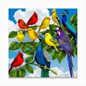 Colorful Birds On A Branch Canvas Print