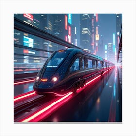 High Speed Futuristic Train Gliding Through A Neon Lit Cyberpunk City 1 Canvas Print