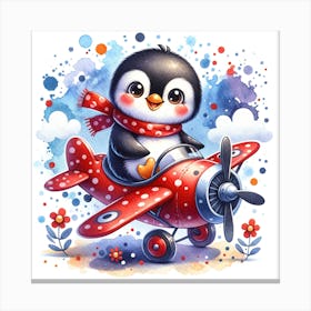 Cheerful penguin with a red scarf is flying a red biplane Canvas Print