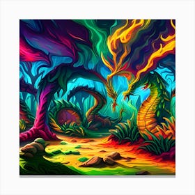 Colorful Dragons In The Forest Canvas Print