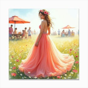 Dreamy Gown Watercolor, Against A Vibrant Summer Festival 1 Canvas Print