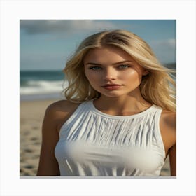 A Beautifu Blonde Girl Model On A Beach 2 Canvas Print