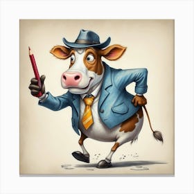 Cartoon Cow Holding A Pencil Canvas Print