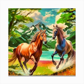 Two Horses Running In The Countryside Canvas Print