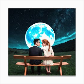 Couple Sitting On Bench With Moon Canvas Print