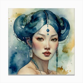 Blue Haired Woman The Magic of Watercolor: A Deep Dive into Undine, the Stunningly Beautiful Asian Goddess Canvas Print