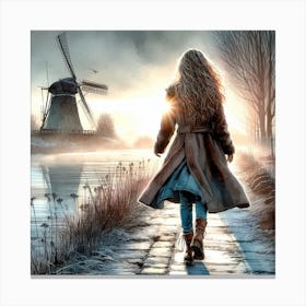 Girl Walking By Windmill Canvas Print