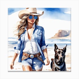 Coastal Cowgirl on Beach with Dog 2 Canvas Print