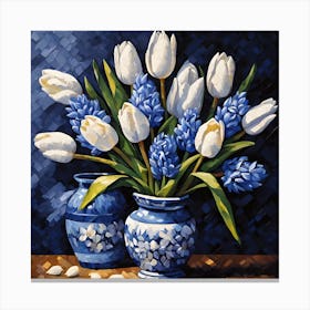 White Tulips and Blue Hyacinths in Ceramic Pot Canvas Print