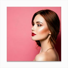 Firefly Elegance In Profile Woman With Brown Eyes And Red Lips On Rosé Background 20525 Canvas Print