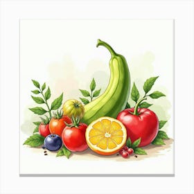 Watercolor Scene Of Vibrant Produce Arranged Elegantly In A Lovely Display 1 Canvas Print