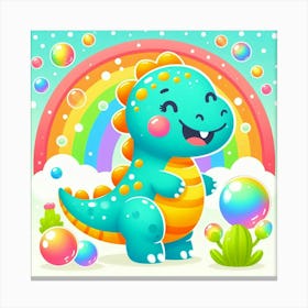 Cute Cartoon Dinosaur With Bubbles Canvas Print