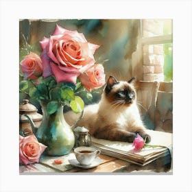 Siamese Cat With Roses Canvas Print