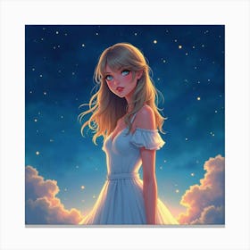 Taylor Swift In A Dreamy Watercolor Night Scene, With Stars And Soft Lights Canvas Print