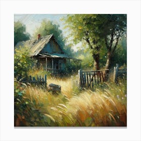 Old House And Broken Fence In The Countryside, Acrylic Painting Style Canvas Print