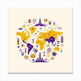 World Adventure: A Cozy and Curious Illustration of a World Map with Landmarks and Symbols in Purple and Yellow Colors Canvas Print